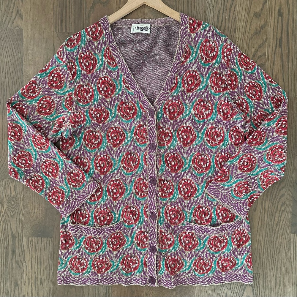 Vintage Missoni Sport Rose Print V-Neck Knit Cardigan Red, Beige, Purple Medium
